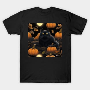 Black cat in pumpkin field at mid night T-Shirt